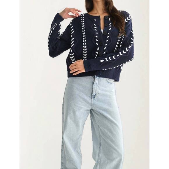 NEW KNIT & LOUNGE button front cardigan with white stitch detailing in blue - Picture 6 of 6